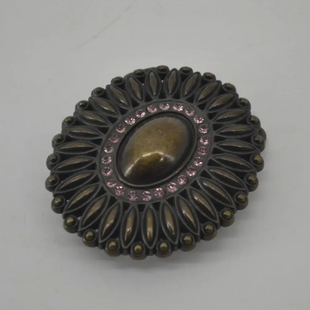 Belt Buckle Scalloped Rhinestone Antique Gold Oval Starburst